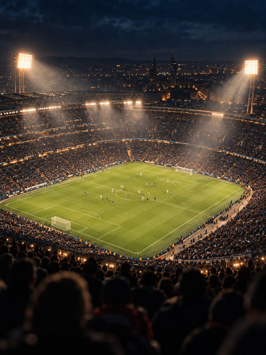 Un estadio de fútbol de noche con las torres de iluminación encendidas